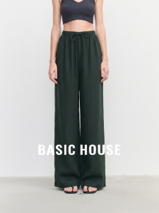 Basic House | Green Linen High-Waisted Loose-Fitting Wide Leg Pants