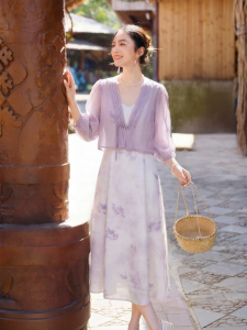 XIANGYING | Traditional Zen Printed Dress Set Womens Summer New Short Jacket & Strap Dress
