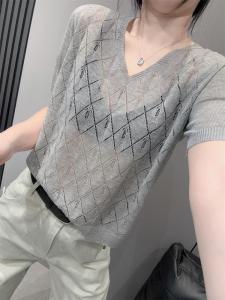 Lace Hollow out Ice Silk Knitted Top Short Sleeve Womens Summer New Loose V-neck Slimming Transparent Cover up Korean Style