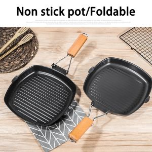 XMSJ | Nonstick Grill Pan for Steak Versatile Frying Pan with Woodle HandleFoldable Handle Square Grill Pan for Indoor& Outdoor Grill