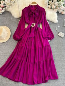 Elegant A-Line Dress with Belt Long Sleeve Butterfly Knot Slimming Pure Color Summer Commute round Neck Zipper Midi Skirt