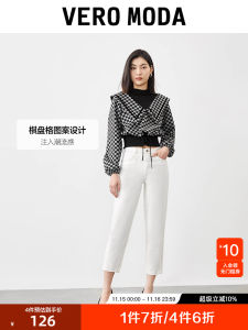 Vero Moda Spring Summer Womens T-Shirt High Collar Bubble Sleeve Waist Cinched Checkerboard Pattern Sweet College Style Top