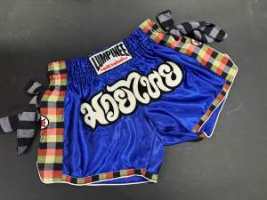 Lumpinee Satin Retro Muay Thai Fight Shorts Blue with Checkered Mesh Detail and Ribbons