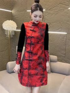 New Chinese Style Cheongsam Dress Womens Long Sleeve Stand Collar High Waist Midi A-Line Skirt Floral Print Traditional Hanfu