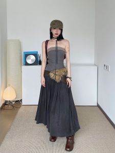 Artistic Splice Pleated Wrap Chest Long Dress Women Summer A-Line Skirt Style Street Waist Type Inward Material Component Other Dress