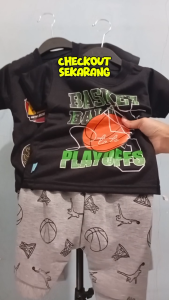 Setelan Baju bayi laki laki motif karakter BasketBall Hitam usia baby 3-24 bulan / MAX BB 12 KG .