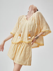 XIAODADEHUA | Vacation Style Short Sleeve Shirt Set Yellow