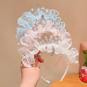 Childrens Crown Tiara Princess Super Fairy Pearl yarn headband Girl Birthday veil Crown Headband Baby hair clip