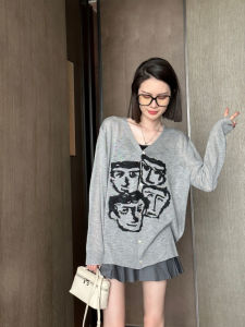 สีเทา คอวี ถักแขนยาว คาร์ดิเกน ผู้หญิง ลำลอง หลวม ด้านบน ฤดูใบไม้ร่วง ใหม่ ดีไซน์ การ์ตูน ตัวละคร ทันสมัย เปิดเสื้อ