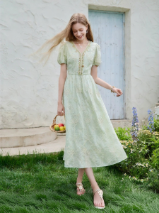 XIANGYING | Mint Green French V-Neck Summer New Embroidered Dress