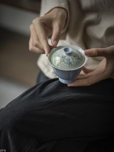 Hand-Painted Ceramic Tea Cup Wild Chrysanthemum Pattern High Foot Bowl Thick Body Tea Brewing Bowl Owner Cup Rural Style