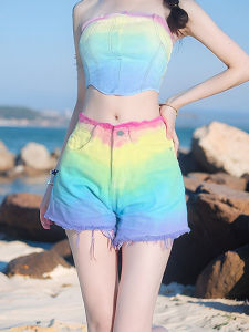 Japanese Style Original Tie-Dye Rainbow Dopamine Sweet High Waist Denim Shorts Female Sweet College Style Dance Hot Pants Female