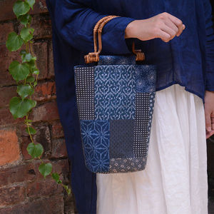 Retro Tea Ceremony Cotton Linen Patchwork Bucket Handbag with Wooden Handle Artistic Chinese Style Single Shoulder Crossbody Bag