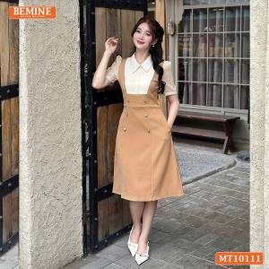 Đầm thiết kế BEMINE cổ sơ mi giả yếm dáng chữ A đính cúc phù hợp đi làm đi dạo phố-MT10111