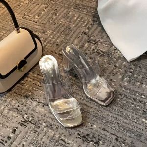 SPICYG heels transparent plus size shoes women size 42 high hills shoes for women Large size summer new transparent crystal sandals womens thick heel casual style one word belt high heel sandals womens slippers