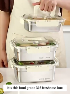 HomeFlex 316 Stainless Steel Food Storage Box with Lid and Handle Prepare Food Freshness Preservation Picnic Box Square Sealed Crisper Stainless Steel Food Storage Boxes Fruit Vegetable Fresh Preservation Container