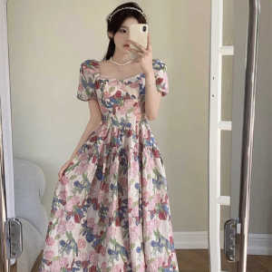 Romantic French Style plus Size Floral Print Square Neck Midi Dress Summer New Womens Clothing Hiding Belly Slimming Long Dress