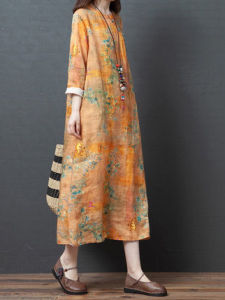 Spring Autumn 2025 Loose Long Sleeve Cotton Linen A-Line Qipao Dress Large Size Womens Fashionable Retro Style Mid-Length Skirt