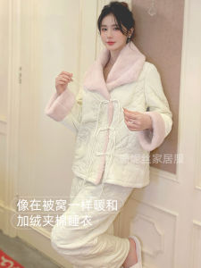 New Chinese Style Thickened Cotton Sleepwear Womens Winter Coral Fleece Home Clothes Outdoor Wearable Sweet Home Clothes