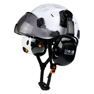หมวกนิรภัยก่อสร้าง CE พร้อมแว่นตาในตัว ที่ครอบหู หมวกแข็งพร้อมแผ่นบังแดด สติ๊กเกอร์สะท้อนแสง หมวกแข็งแบบมีช่องระบายอากาศ อุปกรณ์ป้องกันศีรษะ
