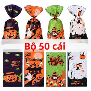 50/100 Chiếc Túi Đựng Kẹo Halloween Có Dây Buộc Hình Bí Ngô Ma Dơi Nhựa Túi Đựng Kẹo Cho Tiệc DIY Trang Trí Và Đóng Gói Quà Tặng