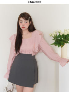 Shenah Hao Gigantic Deer Workshop Microfat MM French Shirt Womens Ruffle Top Half Dress Set Long Sleeves Square Collar