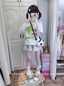 KittyFish Lucky Panda Cute Cartoon Short Sleeve T-Shirt Womens Loose Fit Breathable Cotton Digital Printing round Neck Top