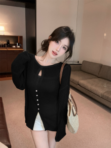 GUZILIAN | เสื้อสเวตเตอร์ไหมน้ำแข็งแขนยาวทรงหลวมสไตล์เกาหลีสำหรับใส่ไปทำงาน สีพื้น คอกลม แขนยาว กระโปรงยาวปานกลาง