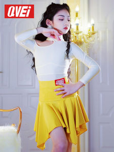 QVEi Professional Latin Dance Training Suit Long Sleeve Performance Competition Childrens Outfit for Girls Ages 4-14