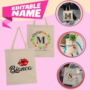 Personalized Canvas Tote Bag Regular / With Zipper / With Button / With Nylon Strap Color Blue Black Red Yellow Green Trending Design Woman Ladies Floral Initial Printed Clip - Art Perfect Gifts Giveaways