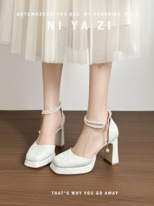 White Chinese Style Mary Jane Cutout Single Shoes for Women with Flag Dress Waterproof Platform Thick Heel High Heel Shoes