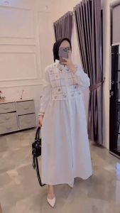 Baju Gamis Bordir Perempuan Terbaru 2024 Matt Linen Dress Bordir Mandarin Model Kasual Gamis Wanita Muslim