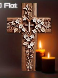 Christian Floral Carved Wood Cross Wall Art with Nano Tape 2D Flat Decor
