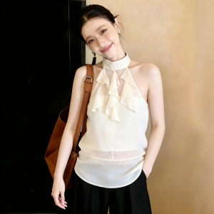 SHUAIYUE | Áo Dây Halter Cổ Voan Xẻ Sơ Mi