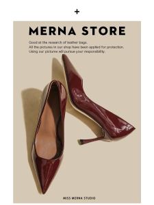 รองเท้าส้นสูงแบบสวมหัวแหลมสีแดงน้ำหมากรุกสไตล์ฝรั่งเศส Miss.Merna สำหรับผู้หญิง รองเท้าทำงานสบายเท้า หนังวัว พื้นยาง