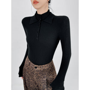 Double Z Minimalist Double Layer Knitted Base Shirt Womens Autumn Button up High Neck Ribbed Slimming Top Warmth Heating