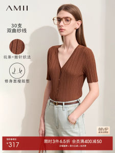 Amii Summer New V-neck Short-sleeved Knitted Open Cardigan Womens Slimming Knitted Top Fashionable Business Casual Style