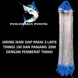 Jaring ikan siap pakai 3 lapis tinggi 1m panjang 20m jaring luar 5in 028mm dalam 1 3/4 020mm timah