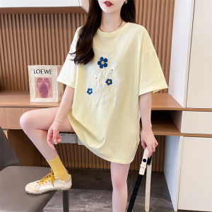 Áo Thun Cotton Tay Ngắn Dáng Rộng Cho Nữ Mùa Hè Cổ Tròn in Hoa Dáng Rộng Thoải Mái Phong Cách Hàn Quốc Dài Vừa Phải