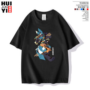 Lucario Elf Pok é mon Co branded Pok é mon Game Anime Short sleeved T-shirt Mens and Womens Pure Cotton Half Sleeve