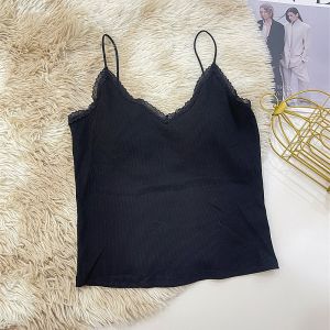 Áo Ba Lỗ Cotton Ren Viền Cổ Chữ V Có Đệm Ngực Áo Ba Lỗ Ôm Vừa Vặn Màu Trắng Tinh Khiết Áo Lót Cotton Có Dây Đeo Cố Định