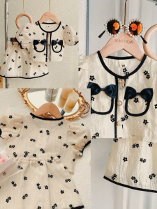 Setelan Baju Anak Perempuan Korean Style Elegan - Atasan & Rok Motif Bunga + Pita | Usia 4-7 Tahun