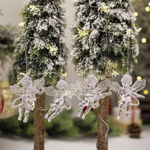 4Pcs/set Christmas Decoration Golden Wings Transparent Angel Hanging Ornament Pendant for Xmas Tree New Yearr Party Decors