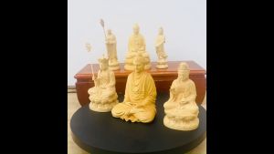 Tượng Phật Ta Bà Tam Thánh chất liệu Gỗ Hoàng Dương Mộc size 10 - 12cm nhập khẩu làng nghề chạm khắc tượng Đài Loan