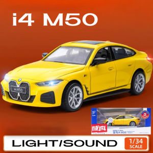 【RUM】1:34 Scale BMW i4 M50 Alloy Car Model Light & Sound Effect Diecast Car Toys for Boys Birthday Gift Kids Toys Car Collection