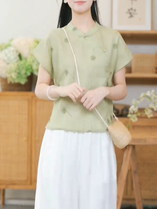 QINGNAER | Elegant Zen Short Sleeve Shirt Womens Blouse