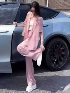 Elegant Satin Suit Set Womens Short Sleeve Jacket 2025 Summer New Fashion Wide Leg Pants Elegance Two Piece Set