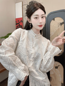 New Chinese Style Embroidered Shirt Stand Collar Long Sleeve Casual Loose Fit Womens Top Meat Concealing Age Defying