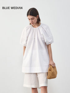 Bluewedian Summer Womens Loose Fit round Neck Shirt Back Strap Versatile Mid-Length Bubble Sleeve Cotton Blend Casual Top