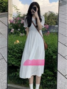 ชุดเดรสยาวเอวสูงแขนสั้นผ้าลินินผสมโพลีเอสเตอร์ กระโปรงทรงเอคอตุ๊กตา สีขาว ทรงเข้ารูป สำหรับผู้หญิงวัย 18-24 ปี